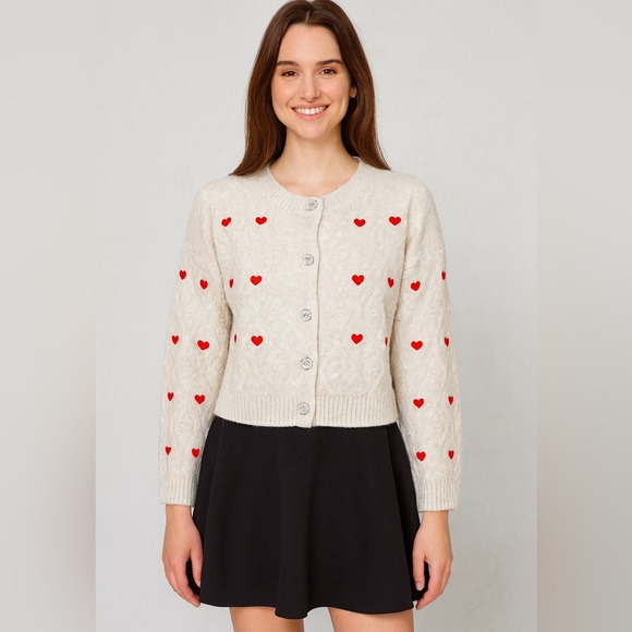 Jessica Simpson Embroidered Red Hearts Rhinestone Button Knit Cardigan Size Med - Picture 1 of 10